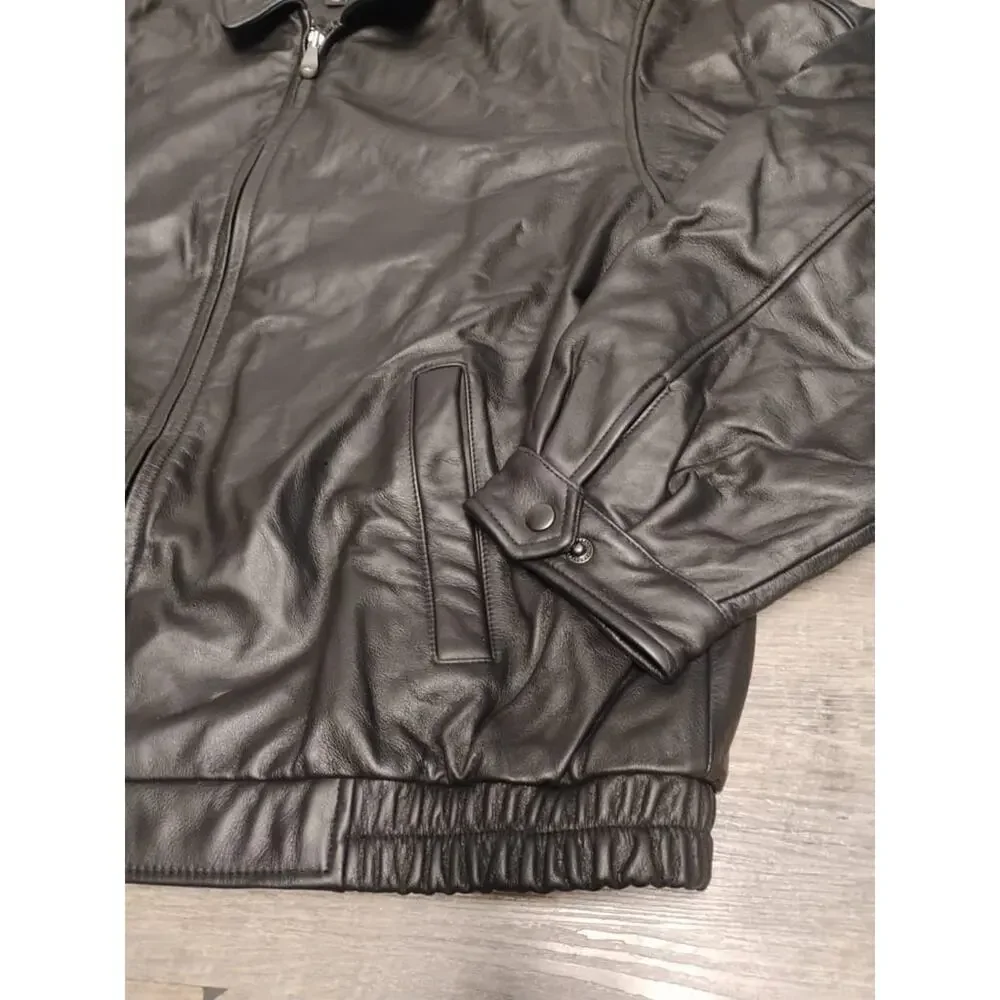 Croft & Barrow Bomber Jacket Black Leather Collared Zip Pockets Quilt Lined XLT